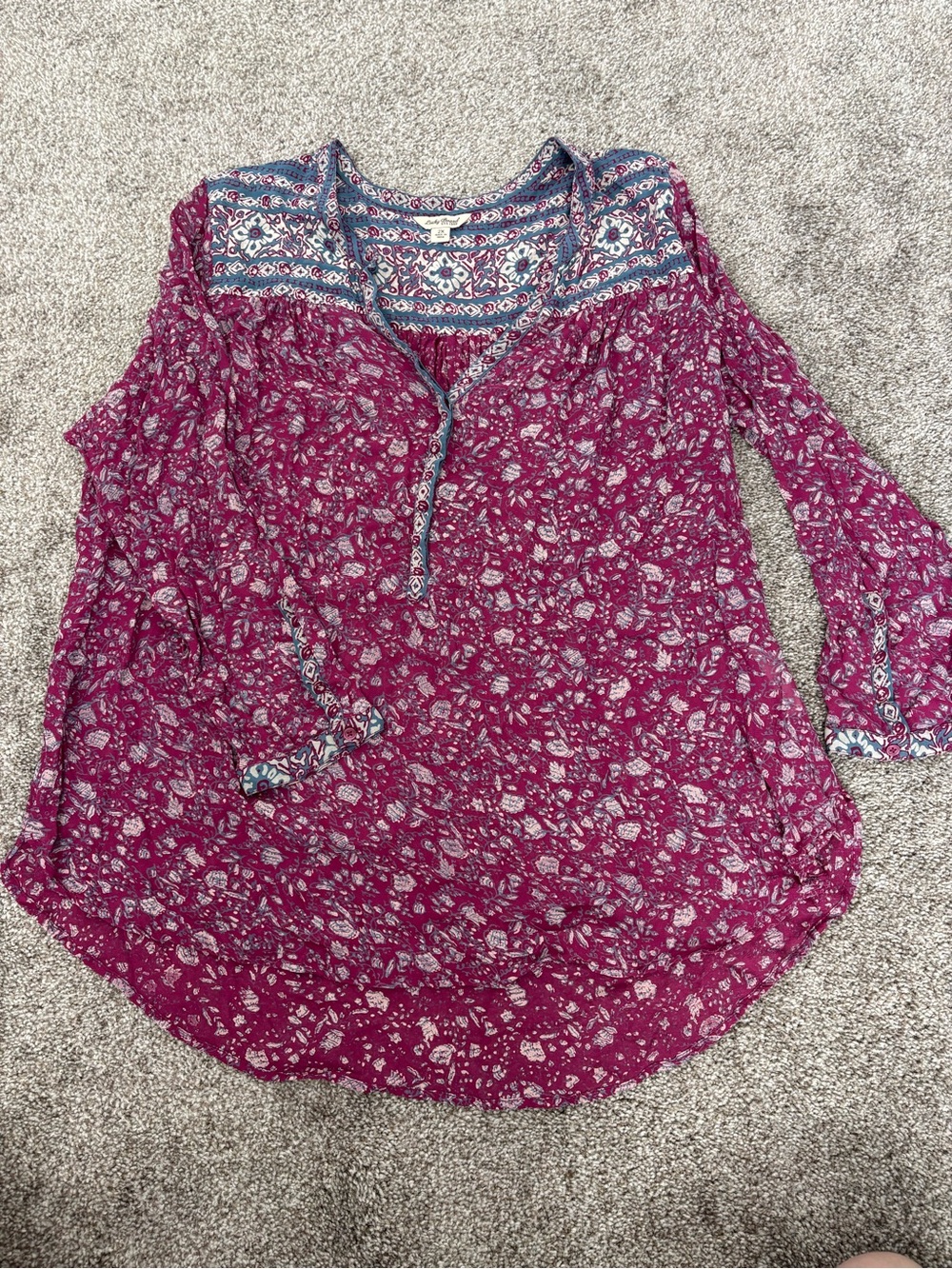 Lucky Brand Magenta Floral Split-Neck Tunic with Blue Trim